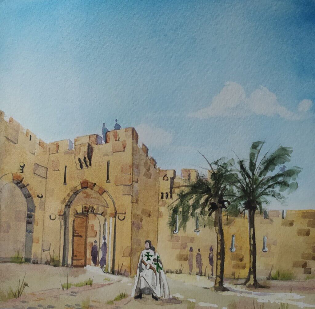 Das Bild zeigt eine Aquarell-Zeichnung mit einem Lazarus Ritter vor einem historischenTor nach Jerusalem. 